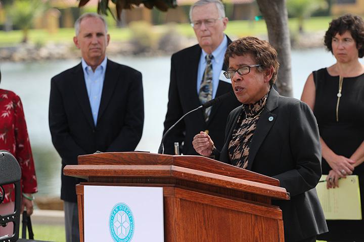 SDCCD Chancellor Constance M. Carroll and supporters of SB 850 speak at a news conference on  Sept. 4 at Mesa College. 