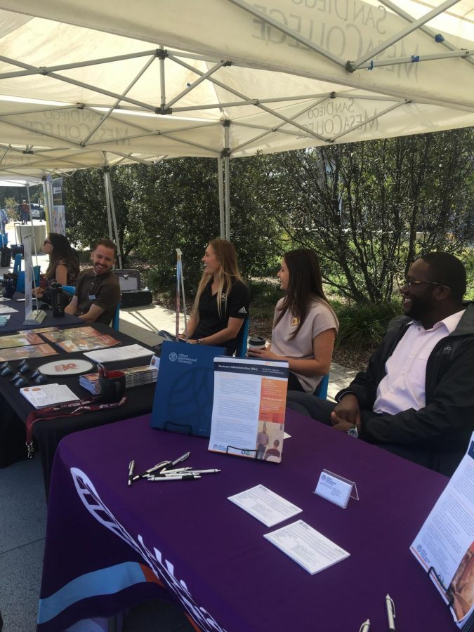 Representatives from San Diego Christian College, University of Saint Katherine, and Alliant International University ready to give students information 