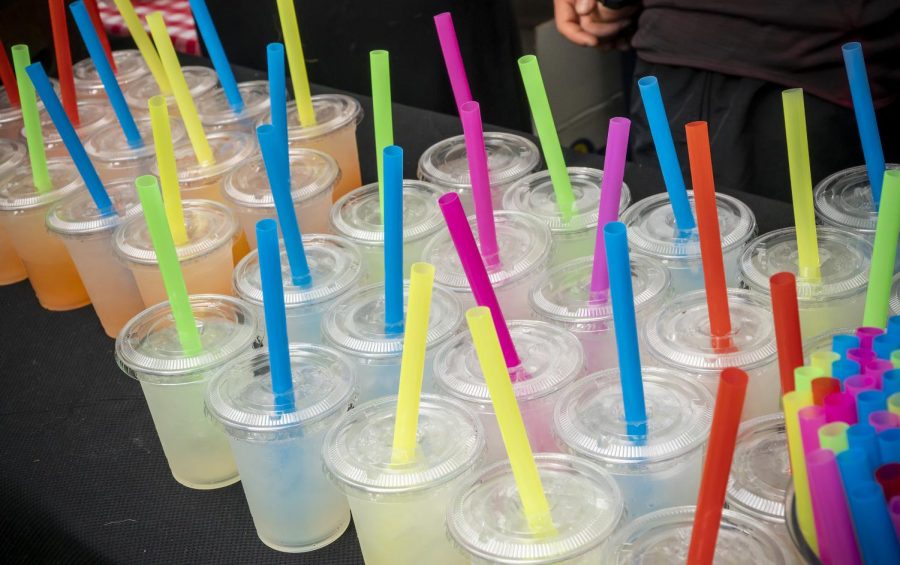 Plastic straws in lemonade at a street fair in New York.