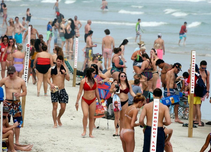 Spring breakers and tourists ignore social distancing warnings and go to the beach.