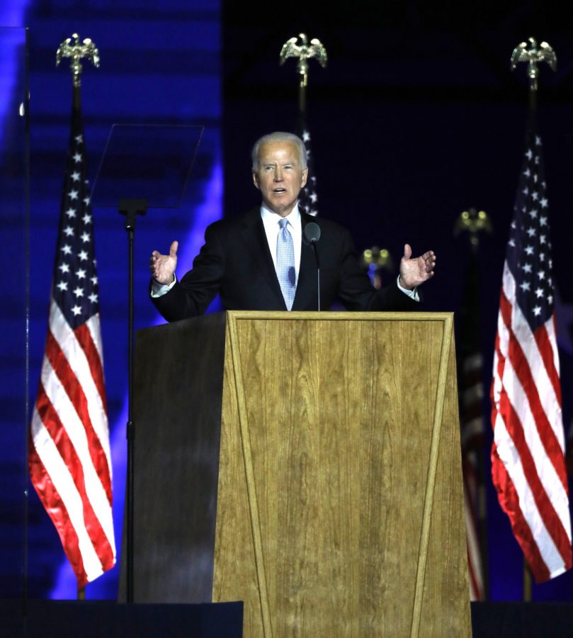 President-elect Joe Biden addresses supporters at Chase Center in Wilmington, DE, on Nov, 7, 2020 after being named winner.