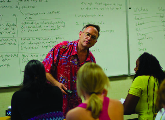 Mesa College professor, Even Adelson, teaching his students about the different aspects of physical features on humans during his sociology class on September 8. [Photo Credit: Nicholas Santiago/The Mesa Press]