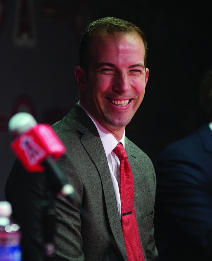 Billy Eppler, right, is announced as the new general manager for the Los Angeles Angels on Monday, Oct. 5, 2015, at Angel Stadium in Anaheim, Calif. Club President John Carpino is at left. (Gina Ferazzi/Los Angeles Times/TNS)