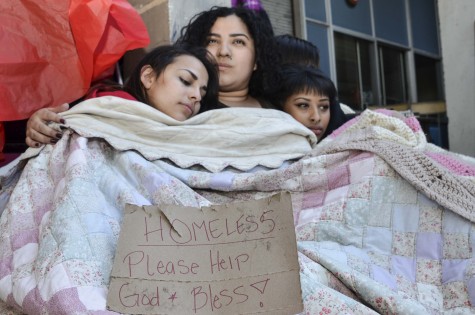 Enriqueta (center, played by Sindell Trujillo) with her daughters after becoming homeless and separated from her deported husband. (Actress Junnette Caldera on left and Genesis Canty on right).