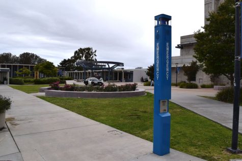 A blue police call box. They are located at various locations on campus for emergency purposes.