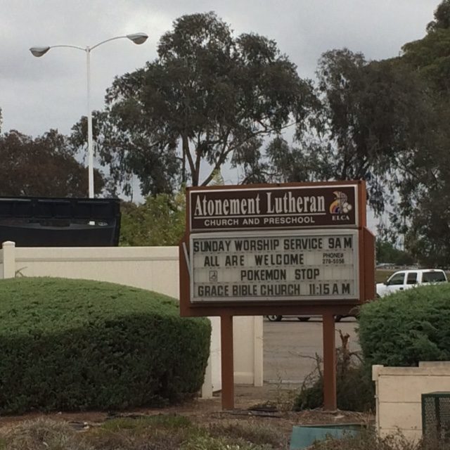 Atonement Lutheran Church and Preschool advertising their Pokémon Stop on the premises in San Diego, CA.
