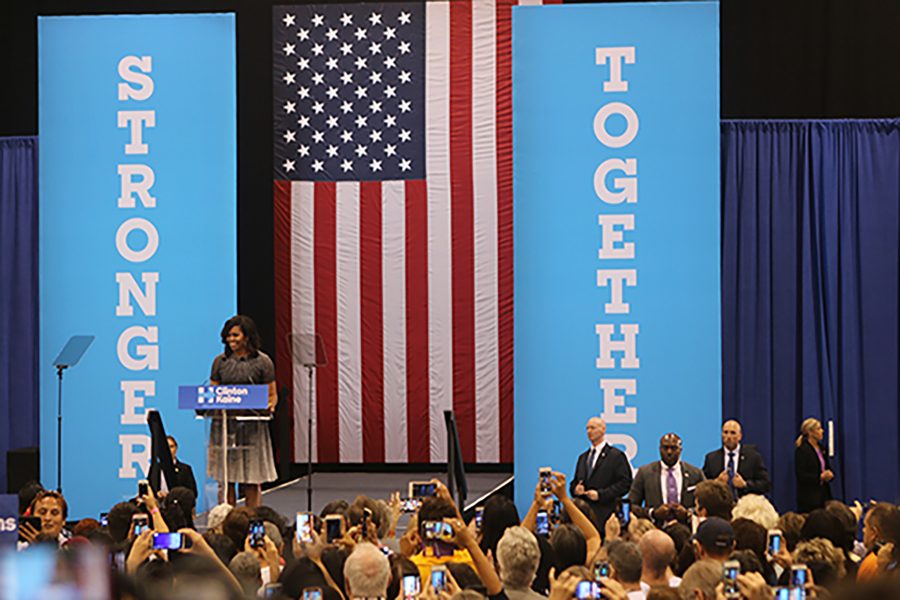 First lady Michelle Obama speaks at a campaign rally for Democratic presidential candidate Hillary Clinton at Phoenix Convention Center in Phoenix on Thursday, Oct. 20, 2016. (Kristiana Faddoul/Cronkite News/TNS)