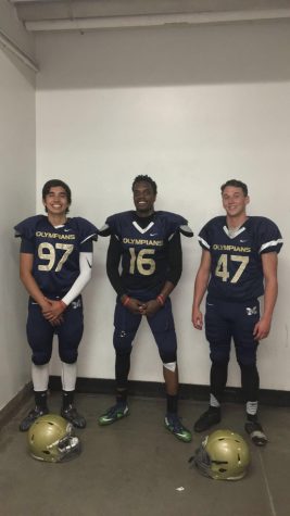 Mesa Olympians Kicker Ronnie Ochoa (#97, left) with teammates Marcus Rosser (16, center) and Bryce Pasky (47, right) before a game against Compton Community College. Photo Credit: Ronnie Ochoa.