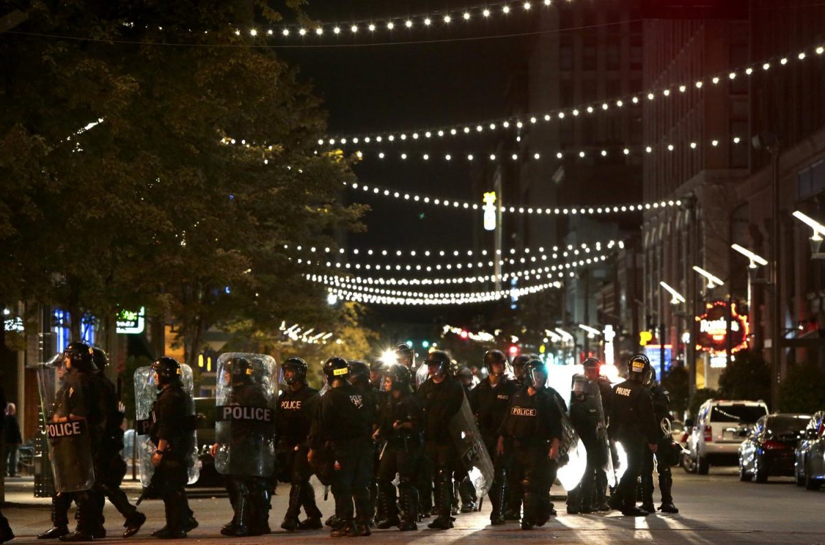 Police officers clearing the streets of protesters in St Louis, September 2017.