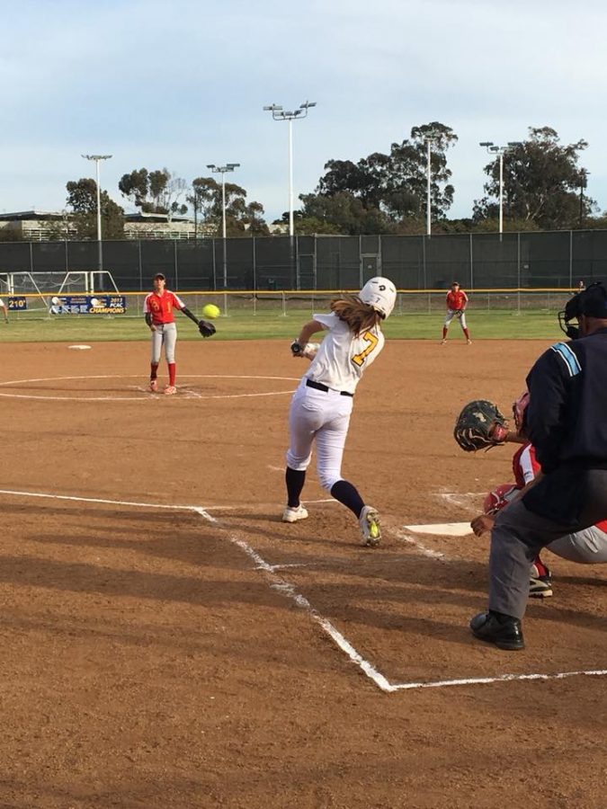Freshman Cassie Gonzalez slamming one of her home runs. PC: Mesa Softball Facebook