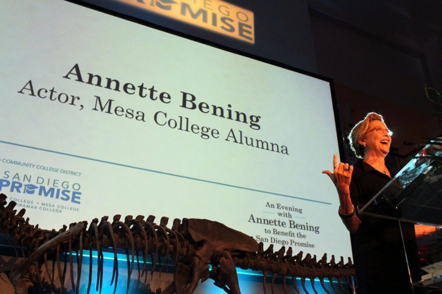 Annette Bening at the SDCCD Fundraising Gala September 20th, giving a speech on why the fundraiser is important to her. 