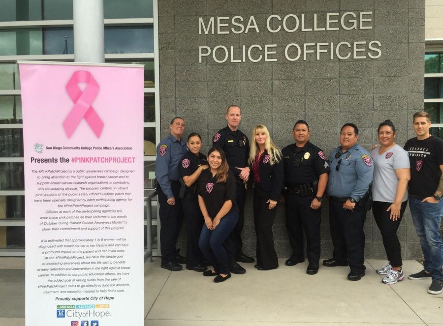 SDCCD Police show off their pink patches for breast cancer awareness month. Left to right: Campus Security Officer (CSO) Jasmine Holcombe, Officer Jessica Rocha, Parking Asst. Thanya Torres (front), Officer Craig Winger, Lt. Diana Medero, Sgt. Jerome Saludares, CSO Gabriel Recidro, Snr. Clerical Tricia Mariscal, and Parking Asst. Matt Palmer.