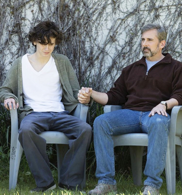 Nic+%28Chalamet%29+sharing+a+vulnerable+moment+with+his+father+David+%28Carell%29.