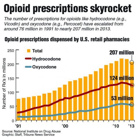 Graphic showing the rise in opioid prescriptions. Photo Credit: MCT Campus