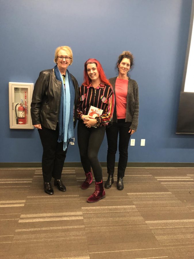 From left to right, President Dr. Pamela Luster, Poetry winner, Alauna Rocket Rickterson, and Honoree winner, Professor Jennifer Costall posing together after the awards ceremony. Photo Credit: Guadalupe Santillo Salinas