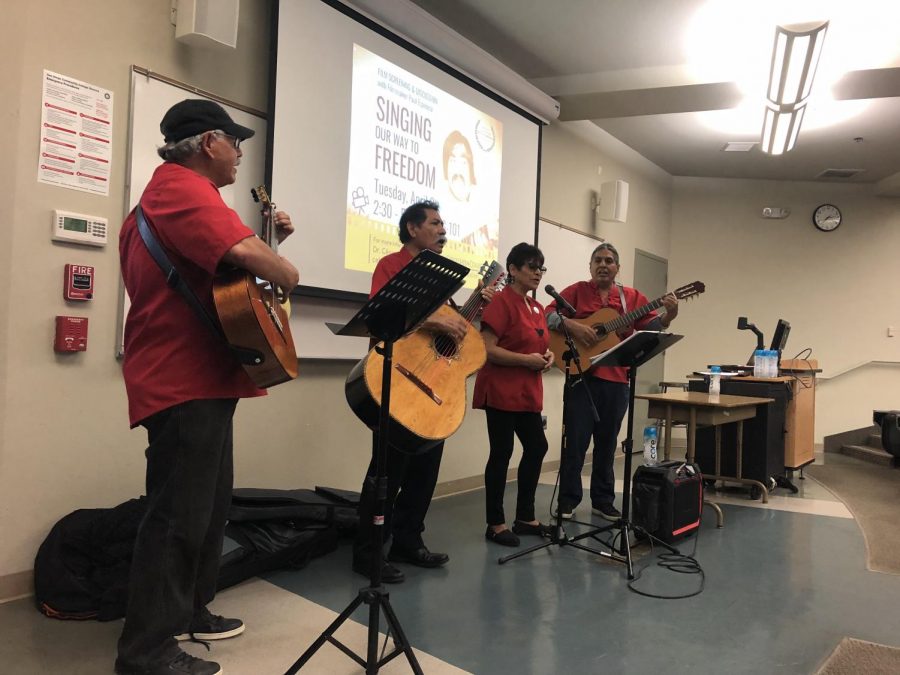Members from Rondalla Amerindia de Aztlan perform before the viewing of Singing Our Way to Freedom
Photo Credits:  Professor Manuel Vélez