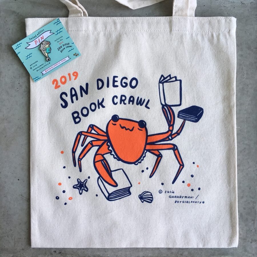 Readers who attended the San Diego Bookstore Crawl had the chance to earn a limited edition tote bag and pin, designed by artist Susie Ghahremani.