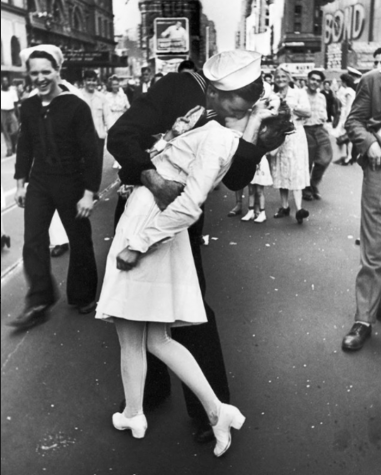 U.S. Navy Sailor kissing a stranger on V-J day in Times Square captured by Alfred Eisenstaedt in 1945. 