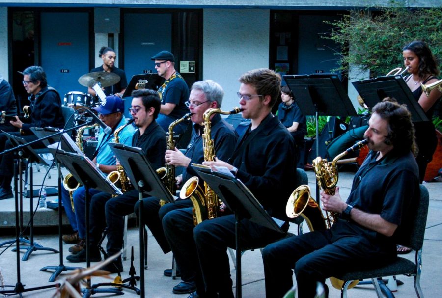 Mesa Colleges Jazz Big Band Ensemble in the middle of their evening performance.