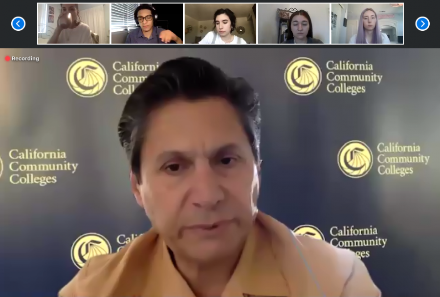 Photo Credit: Renee Schmiedeberg
California Community Colleges Chancellor Eloy Ortiz Oakley responds to college students across California amid COVID-19 in a teleconference. 