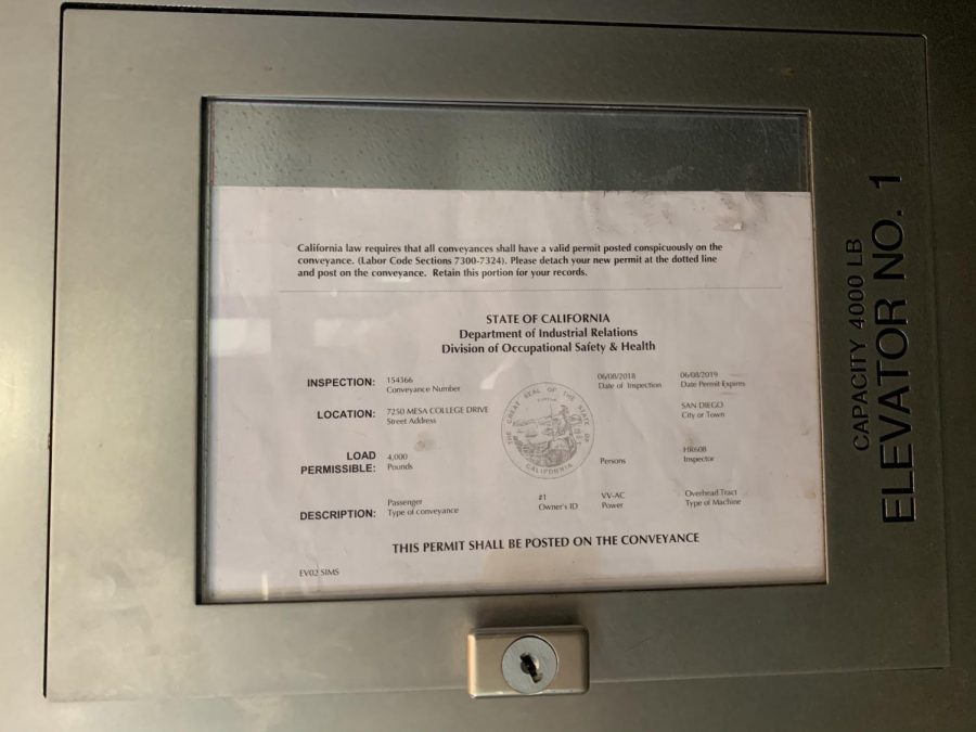 A permit in one of Mesas elevators shows it was last inspected by the State of California Elevator Unit in June of 2018.