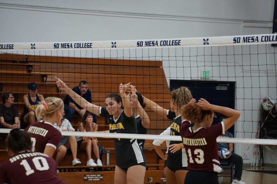 Sofia De La Cruz (4) and Sophia Jarosz (21) prepare for Southwesterns serve, by directing the position to block