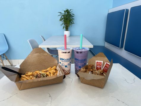 The sunset lover and lab fries on the left. Taro milk tea and mild popcorn chicken with Sweet N Sour sauce on the right. 