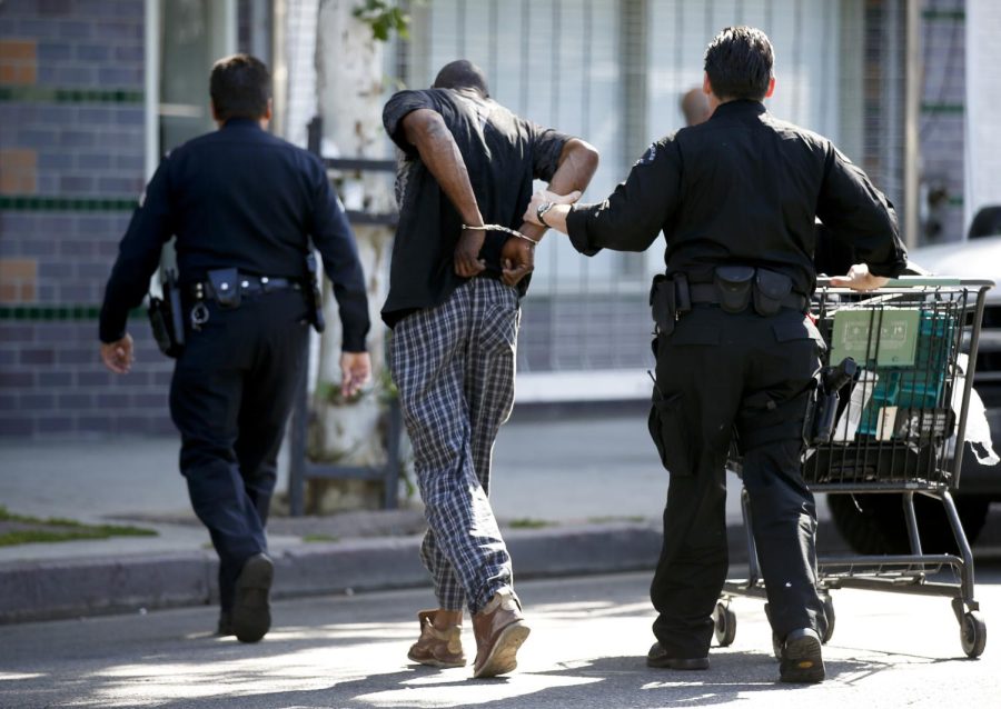 LAPD officers arrest a man for possession of a stolen shopping cart during a sweep of Skid Row in downtown Los Angeles.