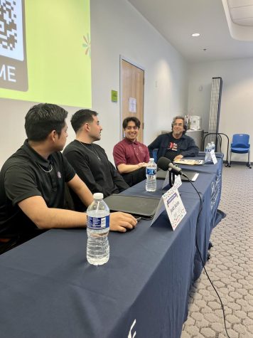 The panel addressing those present at the AVANZA center and via Zoom. (from left to right, Javier Diego Jacinto, Emanuel Rubio, Alvaro Mario Escamilla, and Profe. Ted Hernandez)