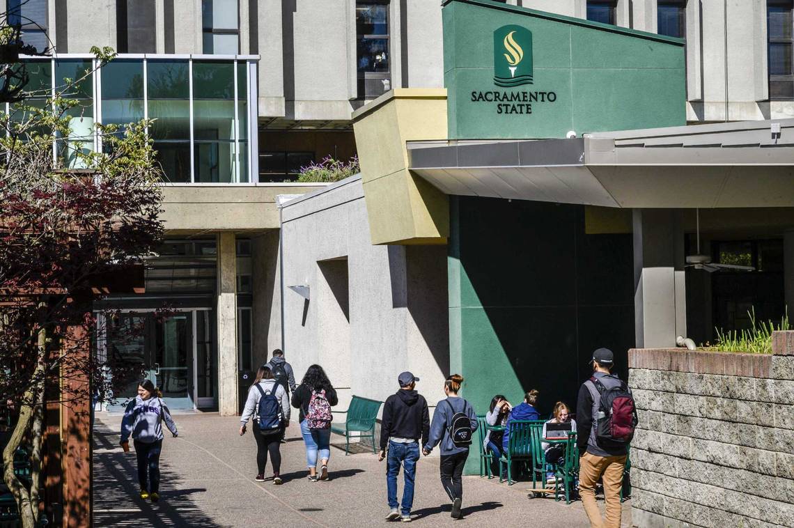 Sacramento State students make their way to the University Union in 2020. California State University students are taking their campaign against annual tuition increases to CSUs Board of Trustees meeting in Long Beach.