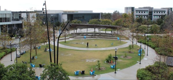 The Mesa College campus quad after a rainy day in early 2024.