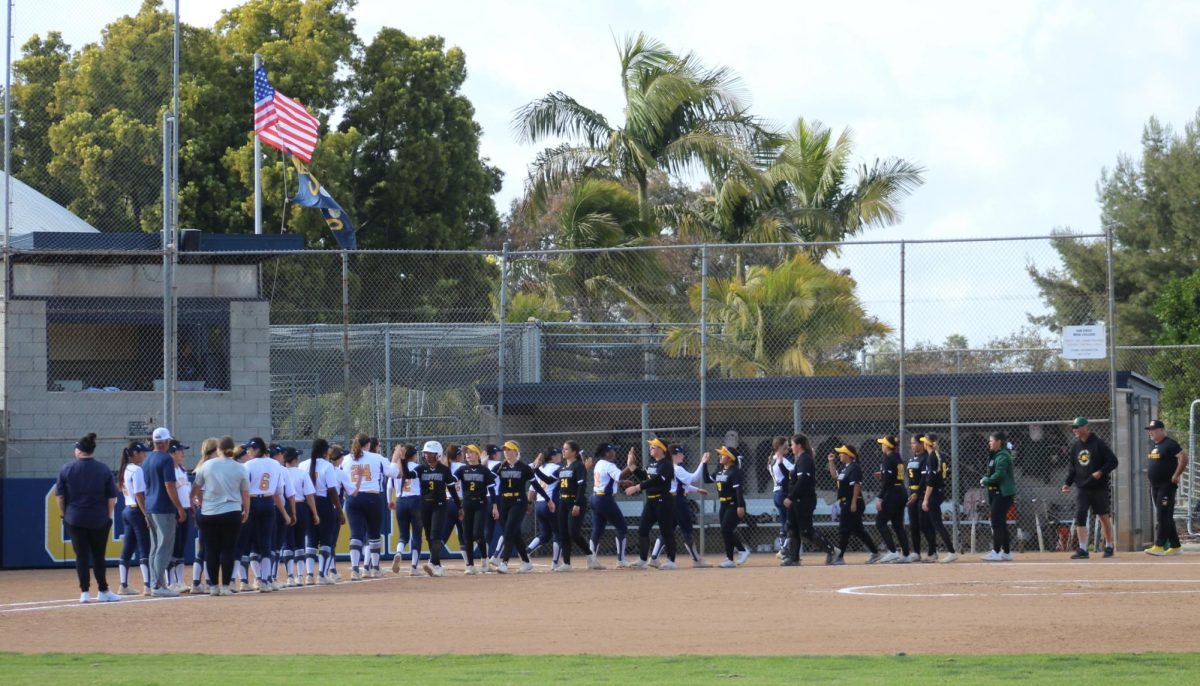 Teams shake hands as Mesa beats Grossmont 9-0 at home on March 13, 2024