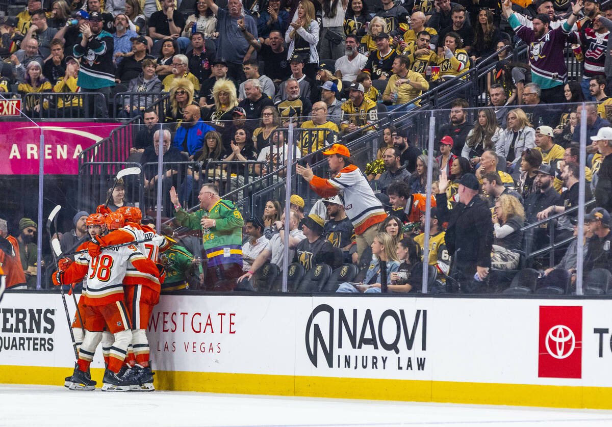 The Anaheim Ducks celebrate a score against the Golden Knights during the third period of Game 2 of their NHL Stanley Cup second-round playoff series at the T-Mobile Arena on Wednesday, May 6, 2026, in Las Vegas. (L.E. Baskow/Las Vegas Review-Journal)